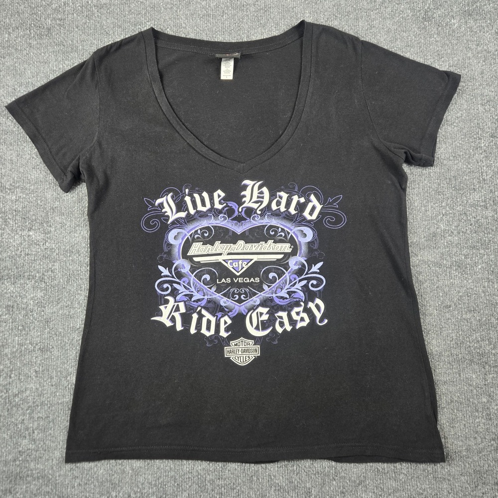 Harley Davidson Graphic T-Shirt Women L Black  Live Hard Ride‎ Easy Tee (T4)